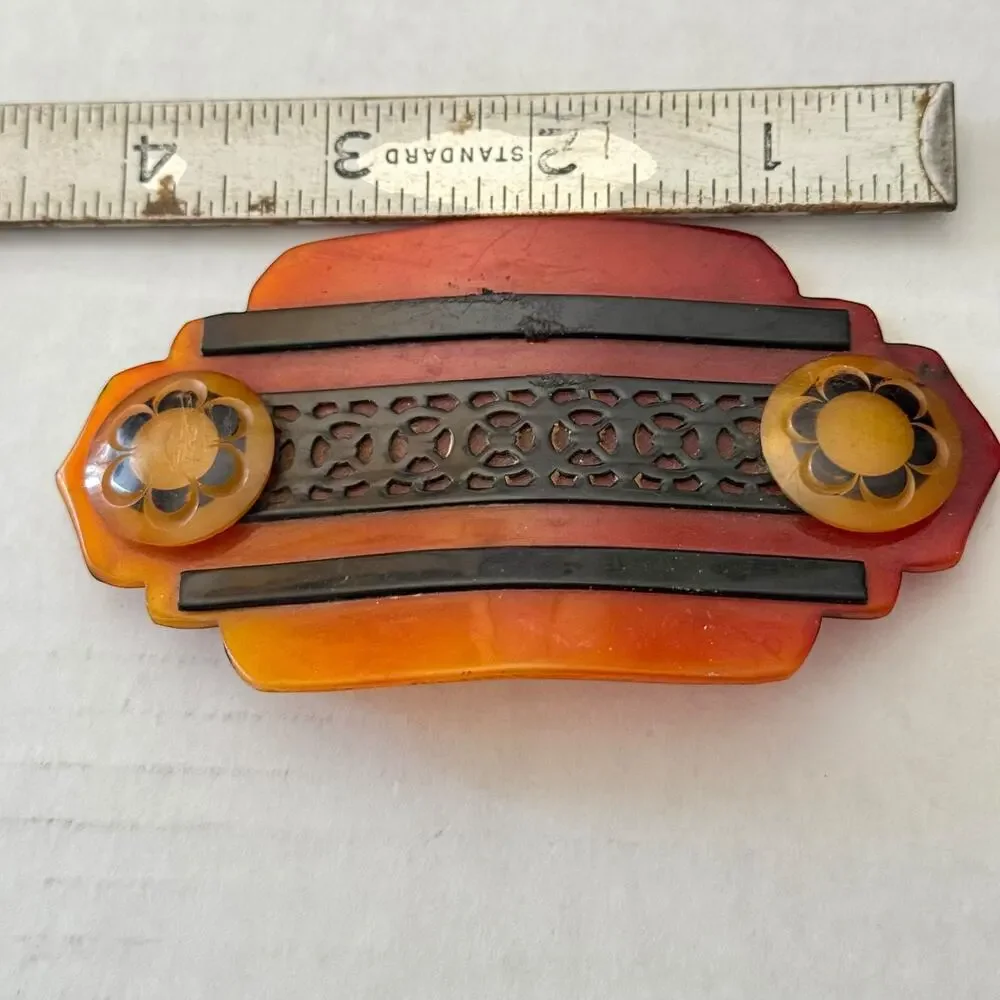 1930s Applejuice Bakelite Belt Buckle Black Overlay Art Deco Hair 21 grams VNTG